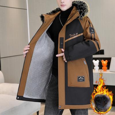 Herren Winterjacke mit Kapuze, Farbblock, wattiert, lässig, lang, mit Taschen und Reißverschlussleiste, normale Ärmel, warme Oberbekleidung, dick