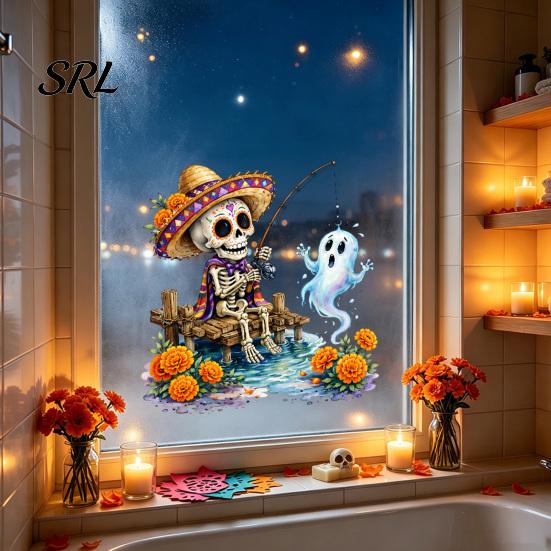 Waterproof Holiday Decorations Halloween Window Stickers, Cartoon Ghost Black Cat Pumpkin Static Glass Decorative Film for Parties Decals Shop
