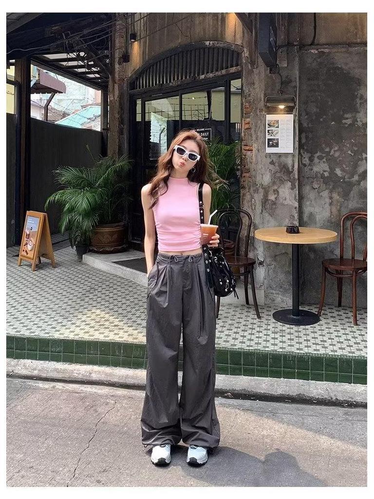 Women's High-Waisted Parachute Cargo Pants - Lightweight, Quick-Drying, Wide-Leg Casual Sportswear for Spring/Summer.