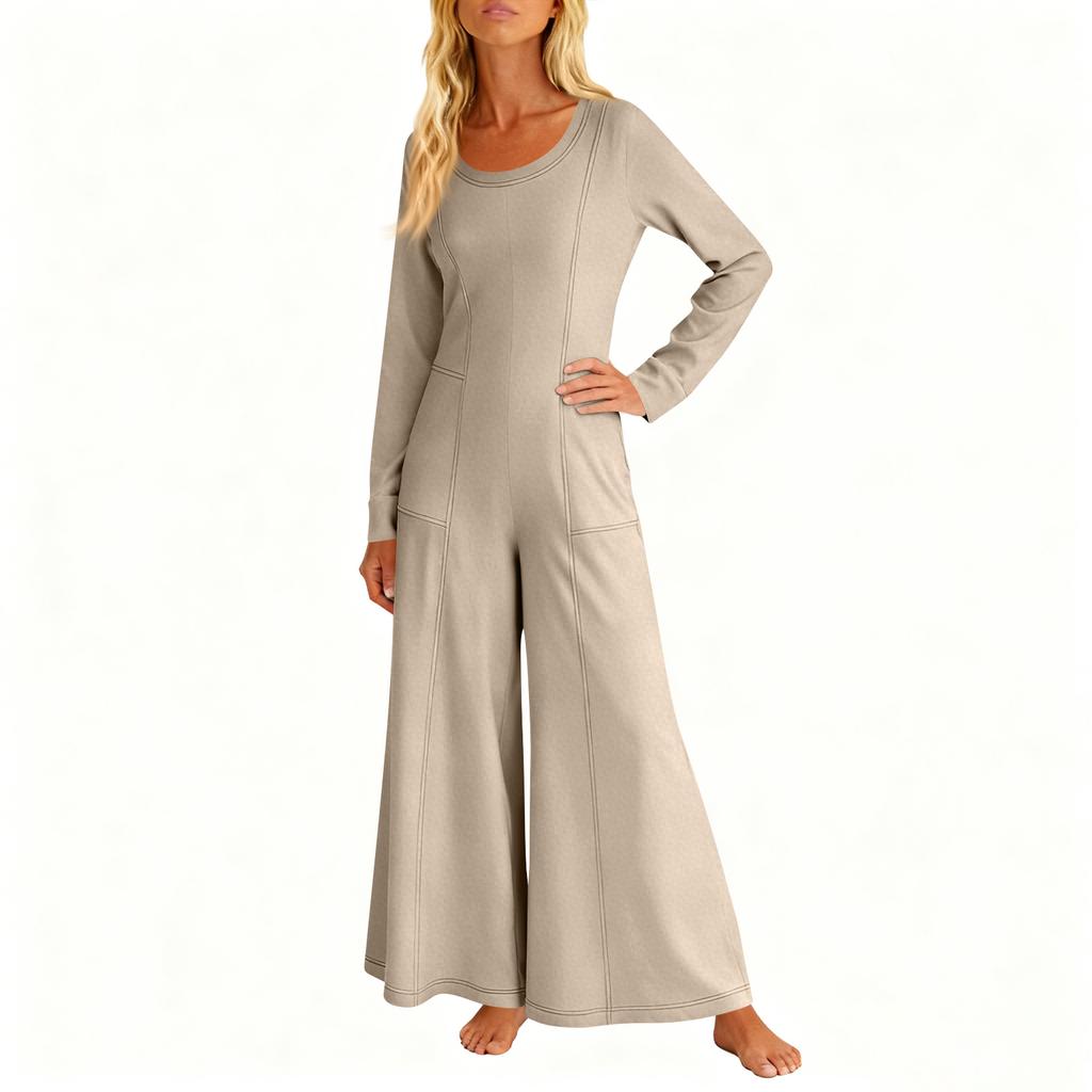 Women's Fashionable Casual Round Neck Long Sleeved Pocket Casual Loose Wide Leg Jumpsuit