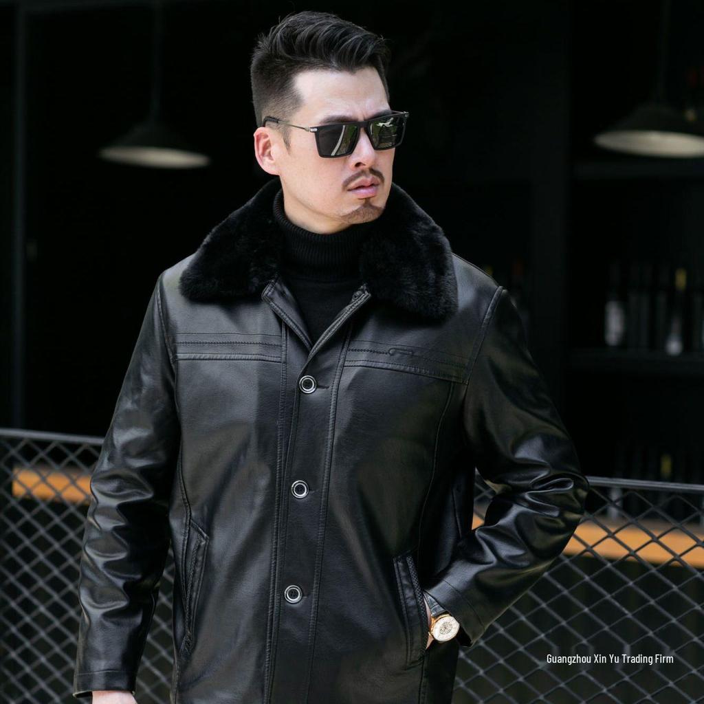 Men's Plus Velvet Leather Jacket with Thickened Fur Collar, Autumn/Winter Warmth, Ideal for Middle-Aged and Elderly Dads and Grandpas.