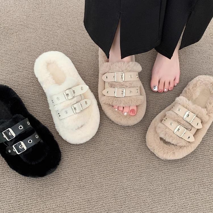 Mote tykksålede allsidige ett-ords fluffy tøfler dame 2025 høst og vinter ny populær hjemme plysj yttertøy bomull mopp