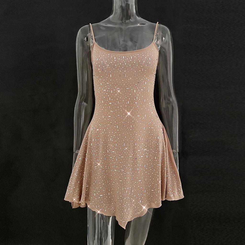 Party Rhinestone Semi Transparent Suspender Short Dress