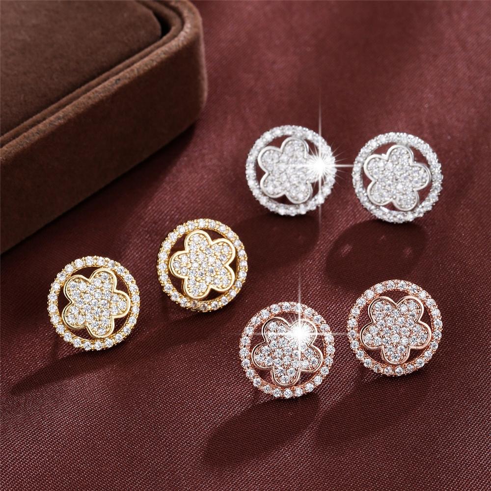 Elegant Plant Female White Zircon Earring Charm Gold Silver Rose Color Stud Earrings For Women Vintage Wedding Jewelry