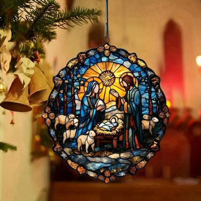 Christmas Nativity Scene Ornament Handmade Round Sun Catcher Baby's First Christmas Christian