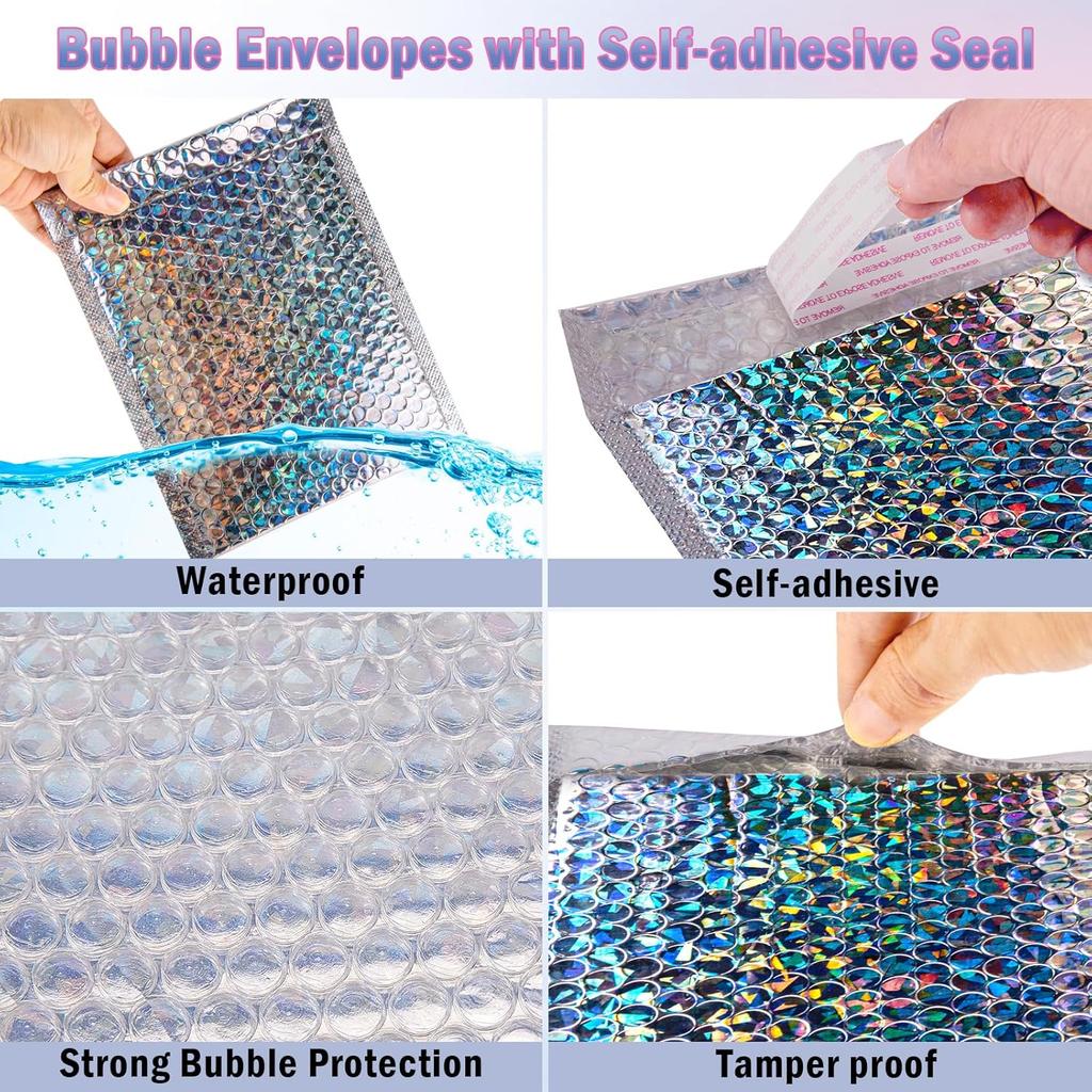 Holographic Bubble Mailers,30 Pcs Metallic Bubble Mailers,6.5 x 9 Inch Poly Padded Envelopes,Waterproof Self Sealing Cushion Envelopes for Mailing