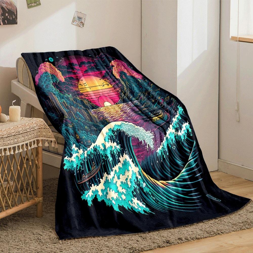 Vibrant waves, neon sunset, clouds, and detailed cityscape converge. for all seasons blanket lunch break throw gift