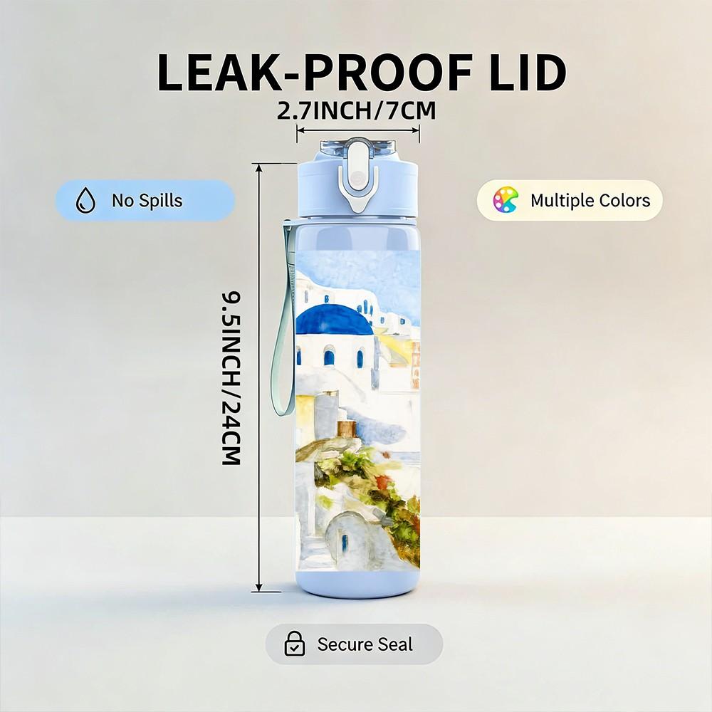 1PC Santorini White Building Sea View 750ml Color Plastic Sports Water Bottle Leakproof Flip Straw Lid Suitable for Sports Office Home Use
