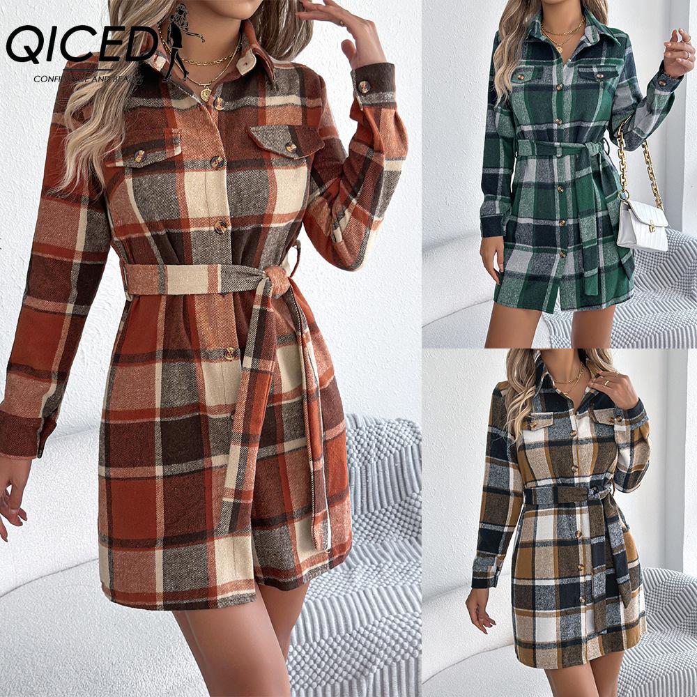 QICED Autumn and Winter Casual Checkered Fake Pocket Long-sleeved Lace-up Woolen Shirt Dress for Women Dress