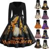 Women Casual Vintage V Neck Dress Halloween Printed Long Sleeve Fit Flare Midi Dress with Waist Tie for Seasonal Wear