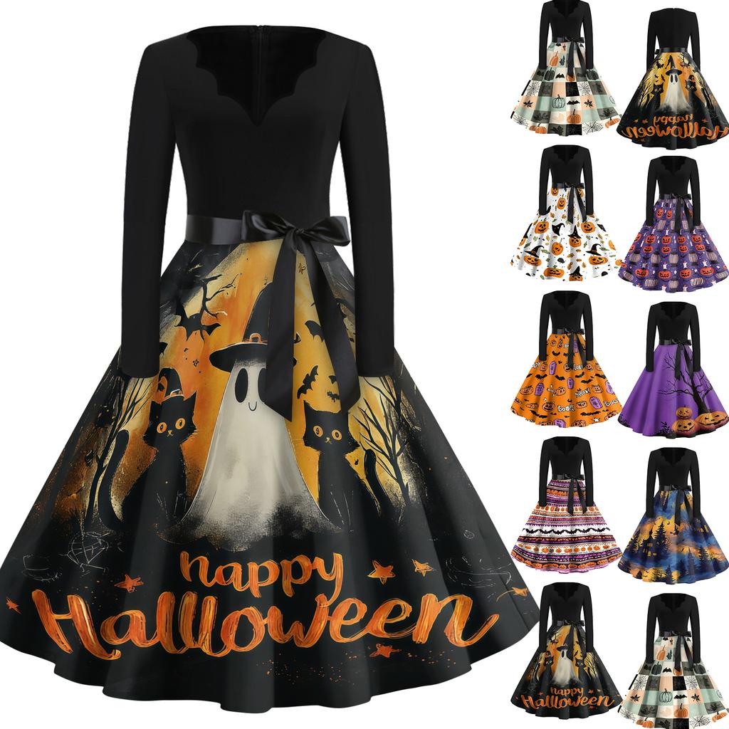 Women Casual Vintage V Neck Dress Halloween Printed Long Sleeve Fit Flare Midi Dress with Waist Tie for Seasonal Wear