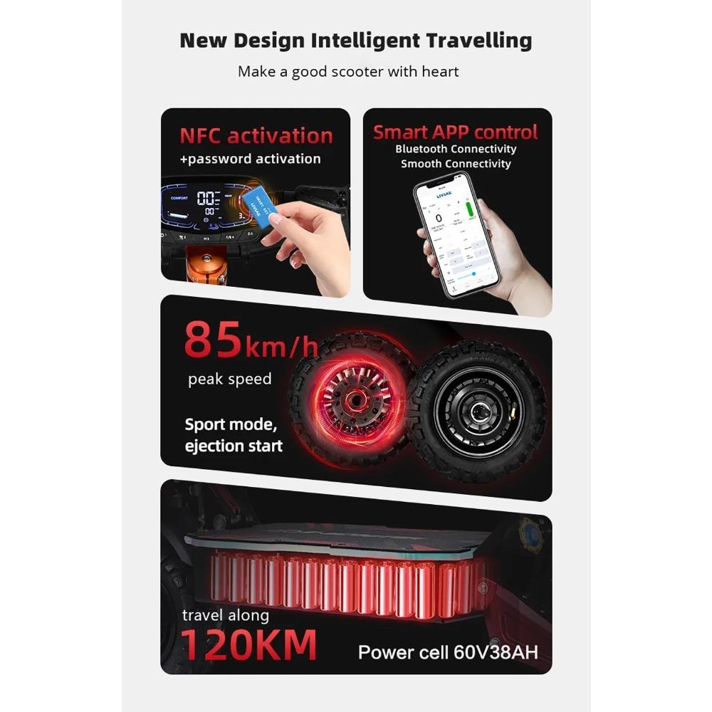 BOYUEDA S5 E-Scooter 6000W Motor 60V38AH Battery Bluetooth APP connection Electric Scooter Smart NFC Function 11" Off-Road Tire