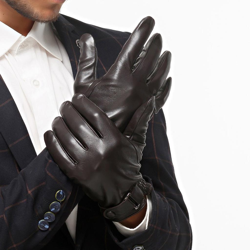 Nappaglo Short Leather Gloves with Adjustable Perfect for and Smartphone Compatible Deep Smartphone Men's Buttons, Commuting, School, Driving,