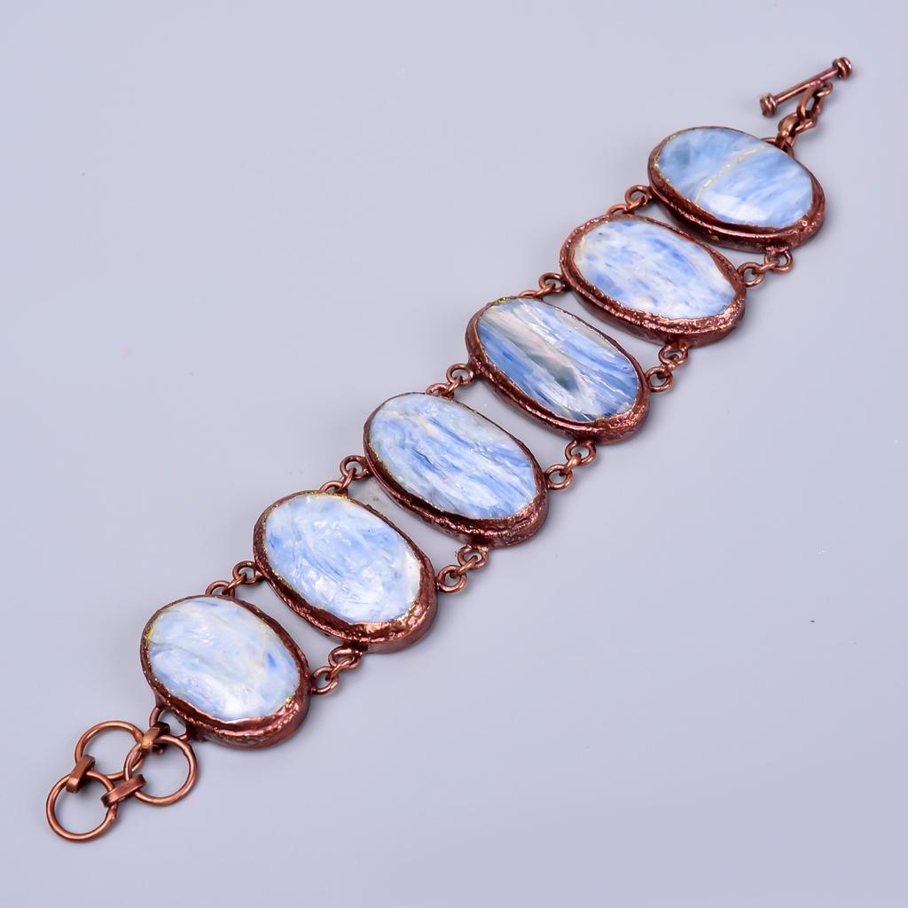 Oval Blue Kyanite Stone Copper Statement Anniversary Gift Electroformed Bracelet V-74