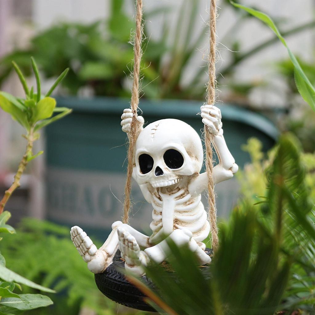 Skeleton Garden Statues Small Landscape Decoration Sculpture Hangable Garden Skeleton Tire Swing Sculpture For Halloween Indoor