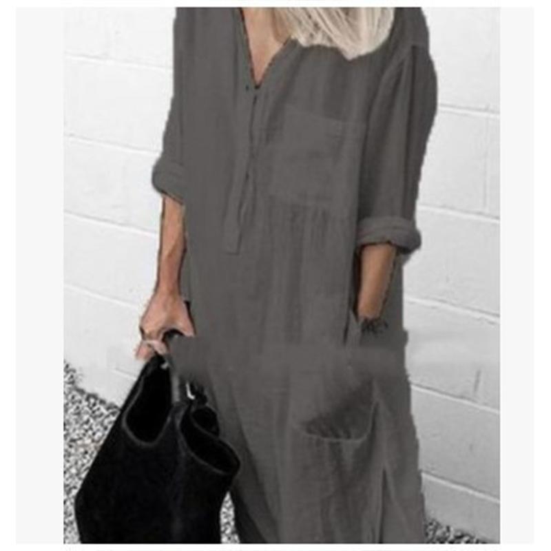 

Платье на пуговицах в стиле бохо для женщин больших размеров - летняя туника из хлопковой смеси с V-образным вырезом и закатанными рукавами 2024 года, длина миди для пляжного и уличного использования 4XL серый