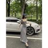 Temperament striped button low neck short sleeve dress women's summer travel style beautiful waist A word long dress wholesale