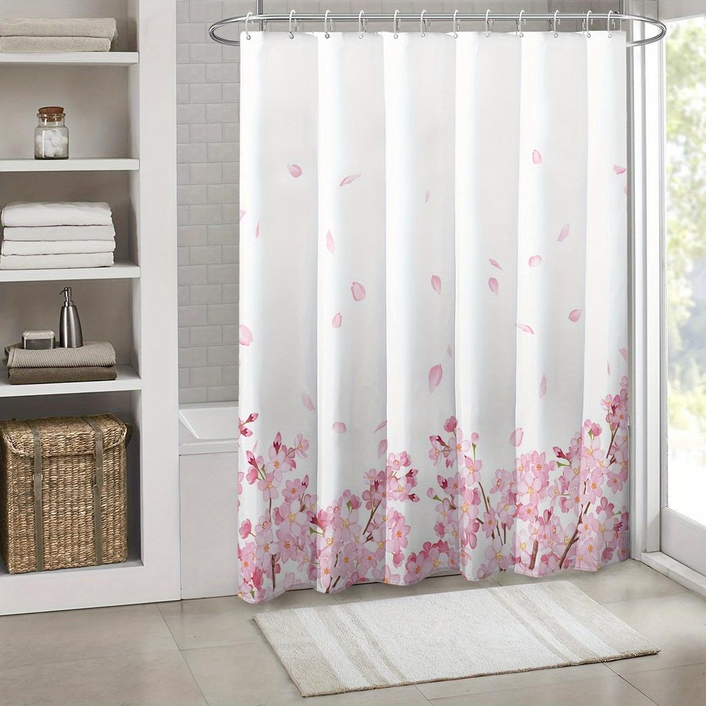 1pcs Peach Blossom Branch Pattern Shower Curtain Set with Plastic Shower Hooks Modern Printed Window Curtains