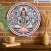 2D Flat, 1pc Round Aluminum Hanging Sign, Soft Pink Blue Pearl Frame Lord Shiva Nandi Bull Trishul Pink Lotus Full Moon Mountain Print, Maha