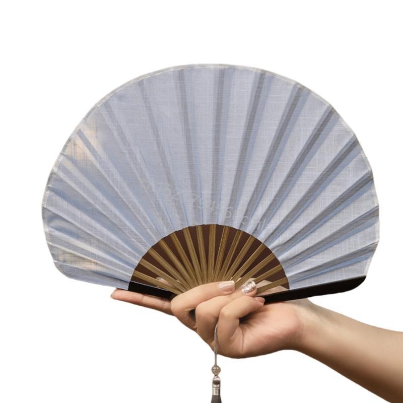 Solid Color Shell Fan Natural Fiber Fabric Foldable Breathable Handheld Retro Cooling Fan 6XDE