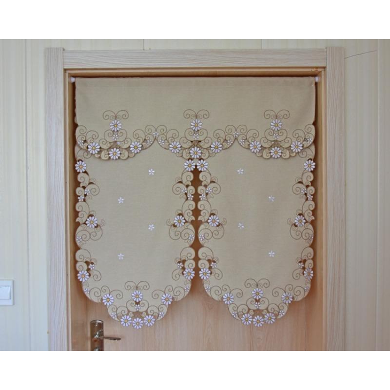 Rideau Court Kaki Clair Tissu Brodé Rideau de Porte Marguerite Rideau Élégant pour Chambre Salon Salle de Bain Cuisine, Sans Tringle, 1 pièce