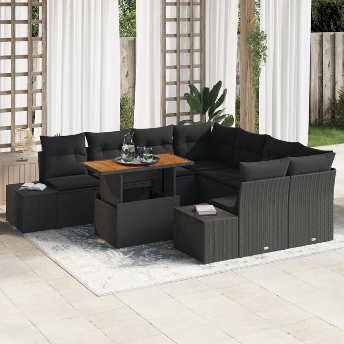 VidaXL Ensemble de salle à manger de jardin de 9 pièces avec coussins en poly rotin noir et acacia 3349946