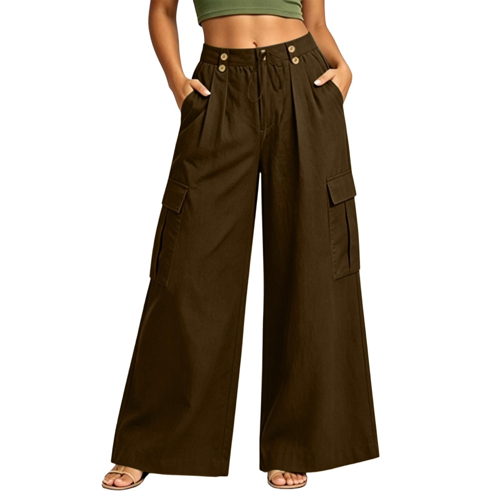 

Women Wide Leg Cargo Pants High Waist Button Detail Loose Fit Casual Trousers with Side Pockets and Pleated Design L коричневий