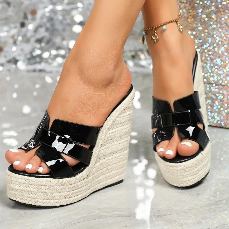 Fashion 14 Cm Super High Heel Wedge Slippers Women Fashion Woven Slide Sandal Comfort Non-slip Open Toe Platform Sandal Zapatos De Mujer