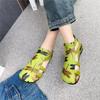 Echtes Leder bedruckte Römersandalen mit Reißverschluss hinten, flach, hohl, runde Zehenpartie, Damenschuhe