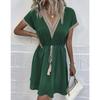 Women's Summer Dress, Spring and Summer Solid Color Short Sleeve Lace V-neck Waist-fitted Dress Casual Drawstring Waist Vacation Dress