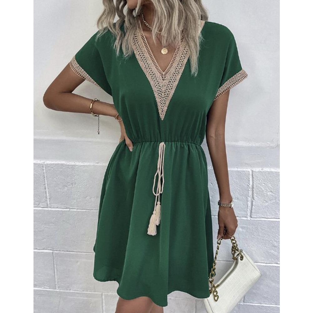 Women's Summer Dress, Spring and Summer Solid Color Short Sleeve Lace V-neck Waist-fitted Dress Casual Drawstring Waist Vacation Dress