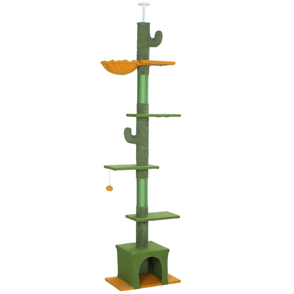 230-275cm Boden-Decke verstellbarer Kratzbaum mit Kratzsäulen, Hängematte