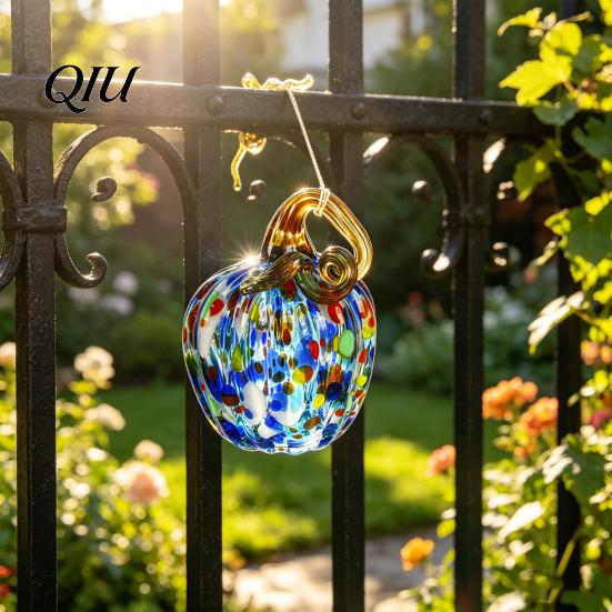 Unique Glass Art Pendant Hand Blown Pumpkin Figurine, Creative Adornment for Desktop Decoration, Fall Rainbow Light Refraction Decor