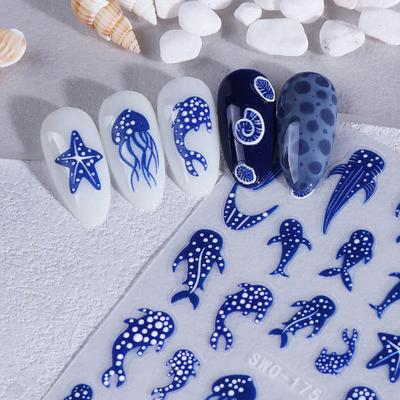 Ocean Theme Nail Art Stickers Summer Blue Whale Jellyfish Coral Starfish Manicure Decoration Decals DIY Home Nail Salon Accessories