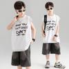 Boys' Trendy Sleeveless Set: Summer Thin Denim Bermuda Shorts & Spray Dye Print Vest T-shirt.