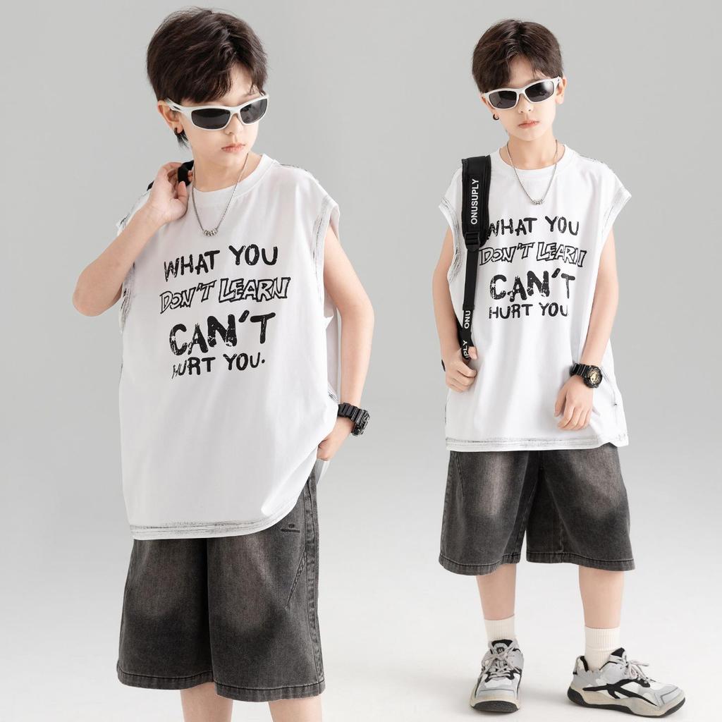 Boys' Trendy Sleeveless Set: Summer Thin Denim Bermuda Shorts & Spray Dye Print Vest T-shirt.