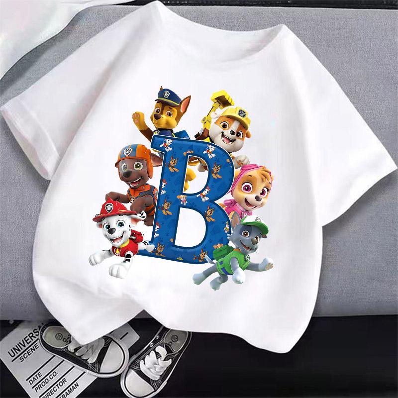 Cute PAW Patrol T-shirt Letter A-Z Boys Girls Clothes Short Sleeve Summer Cartoon Kids Birthday Toddler Cotton Outdoor Wear Gift