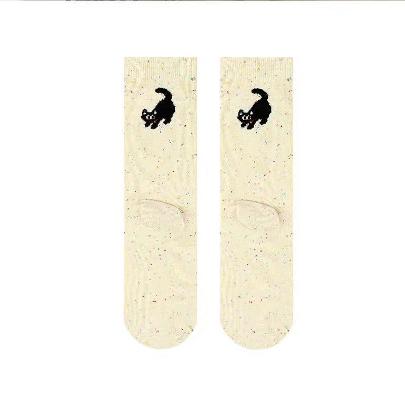 2 Pairs Autumn Vintage Women Cat Fish Printed Socks Cute Cartoon Middle Tube Soft Thermal Warm Crew Sock