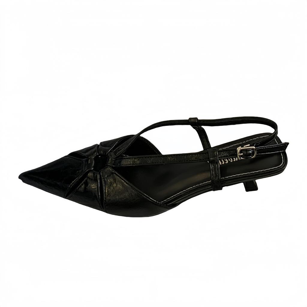 2025 autumn new French one-word buckle pointed head rear empty shallow mouth flat bottom cat heel bag head sandals women's summer