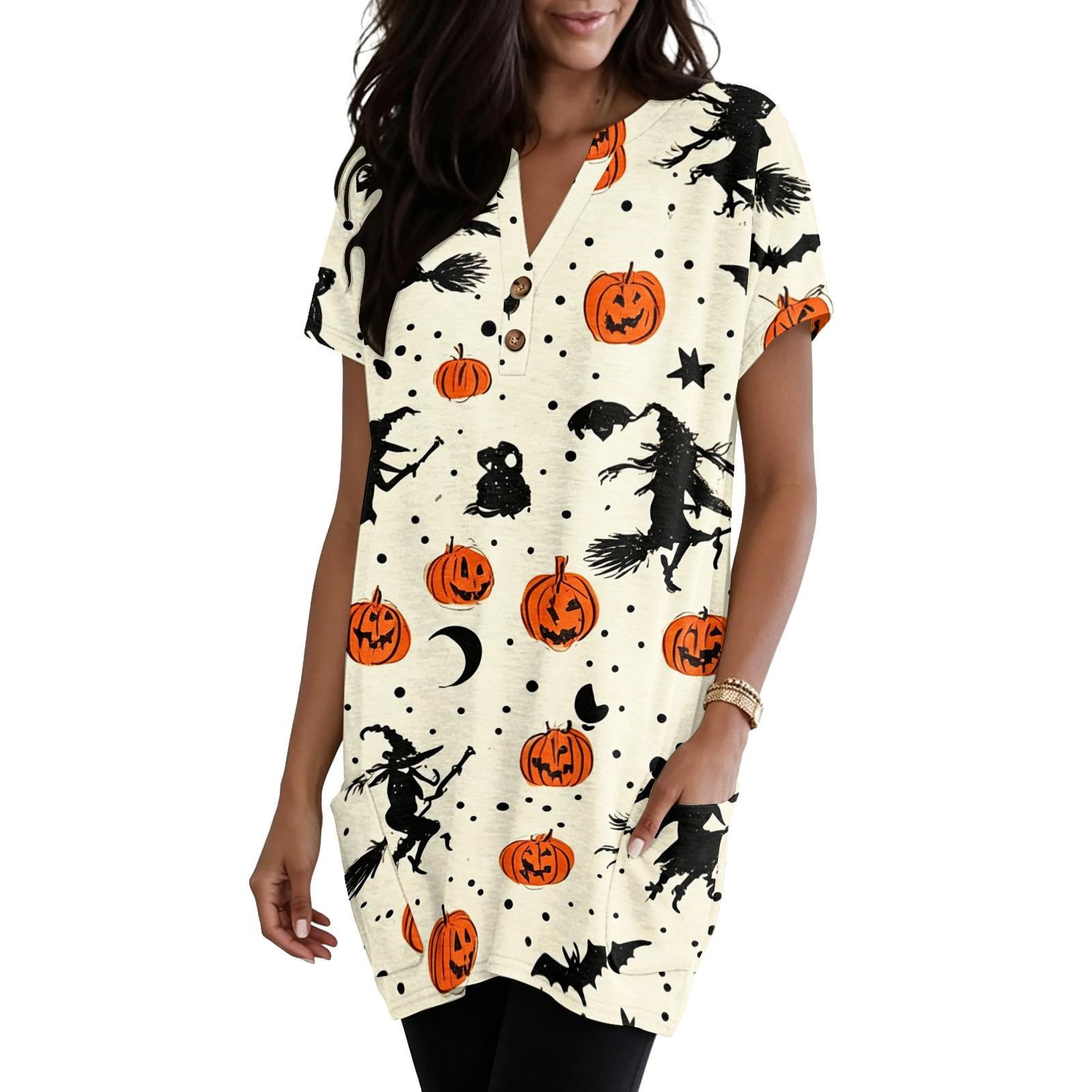 Women s Halloween V-Neck Short Sleeve T-Shirt with Pocket, Pullover Top, Printed Graphic Tee XXXL