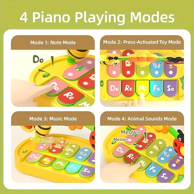 פסנתר צעצוע מוזיקלי עם 4 מצבים בנושא חרקים, עם אורות, כלי לתרגול אצבעות לתינוקות, פעוטות, מקלדת אלקטרונית לאימון חושי, מופעל על ידי סוללות