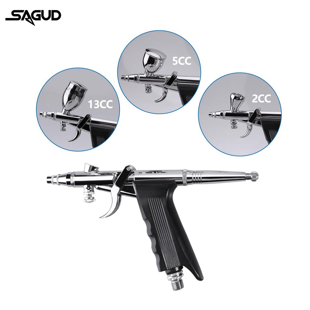 SAGUD Airbrush Gun Set, Single Action Airbrush Pen with 0.3mm, Spare 0.5 and 0.8mm Needles, Airbrush Hose, and 2CC/5CC/13CC Cup Kit