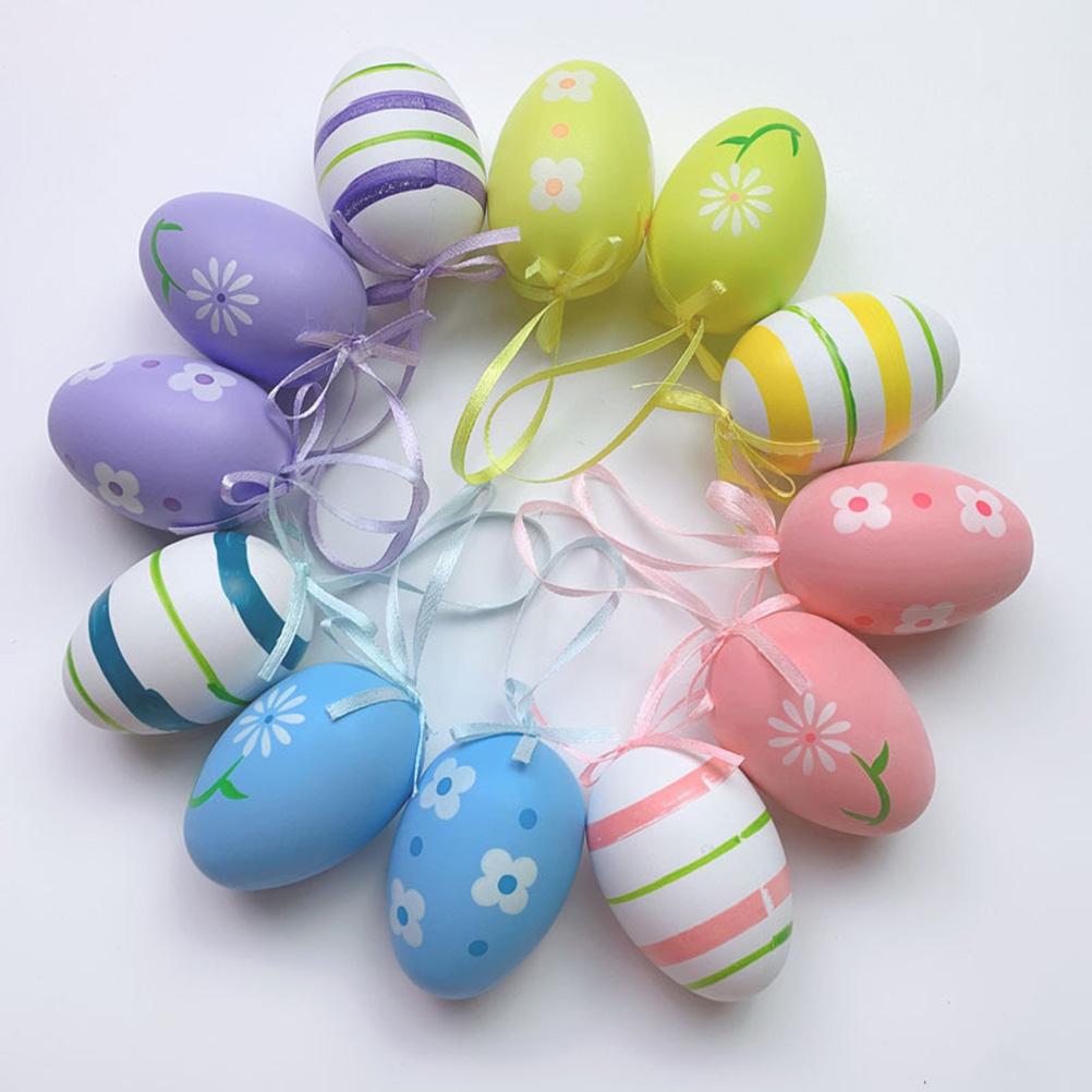 12 Pcs Easter Eggs for Hanging Plastic Colorful Easter Eggs with Silk Ribbon Decorative Easter Eggs