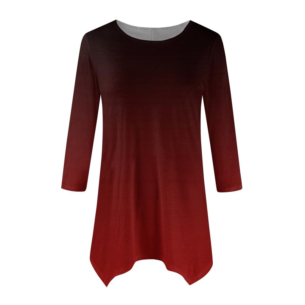 Women's Fashion Casual Crew-neck Gradual Print Seven-point Sleeve Shirt Belted Loose Comfortable Top