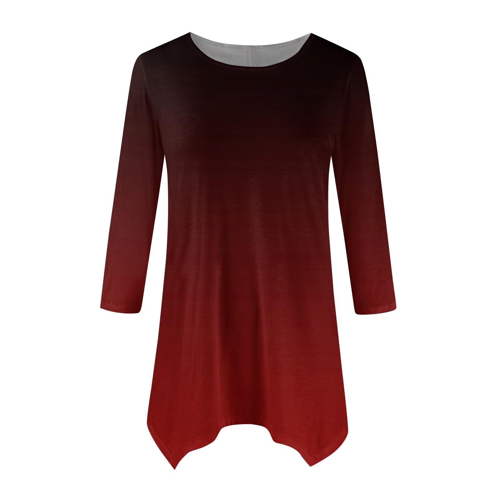 

Women s Fashion Casual Crew-neck Gradual Print Seven-point Sleeve Shirt Belted Loose Comfortable Top XL винний