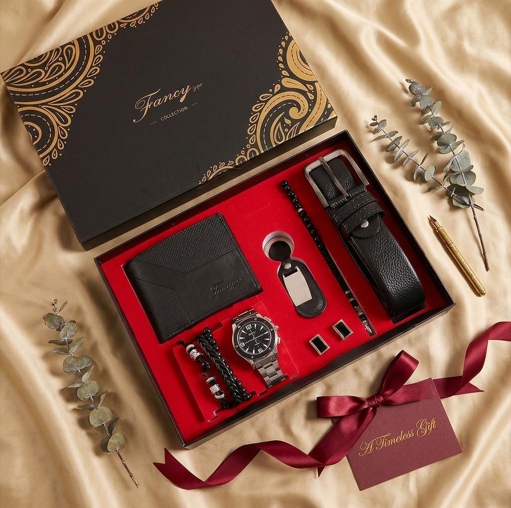 Luxury Business Style Paper Souvenir Gift Set with Watch Wallet Belt Keychain & Bracelet-Perfect Valentine's Day Holiday Gift