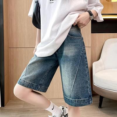 Patchwork 5-Point Denim Shorts, Women's High-Waisted Retro Loose Fit, Summer Thin Wide-Leg Mid-Length.