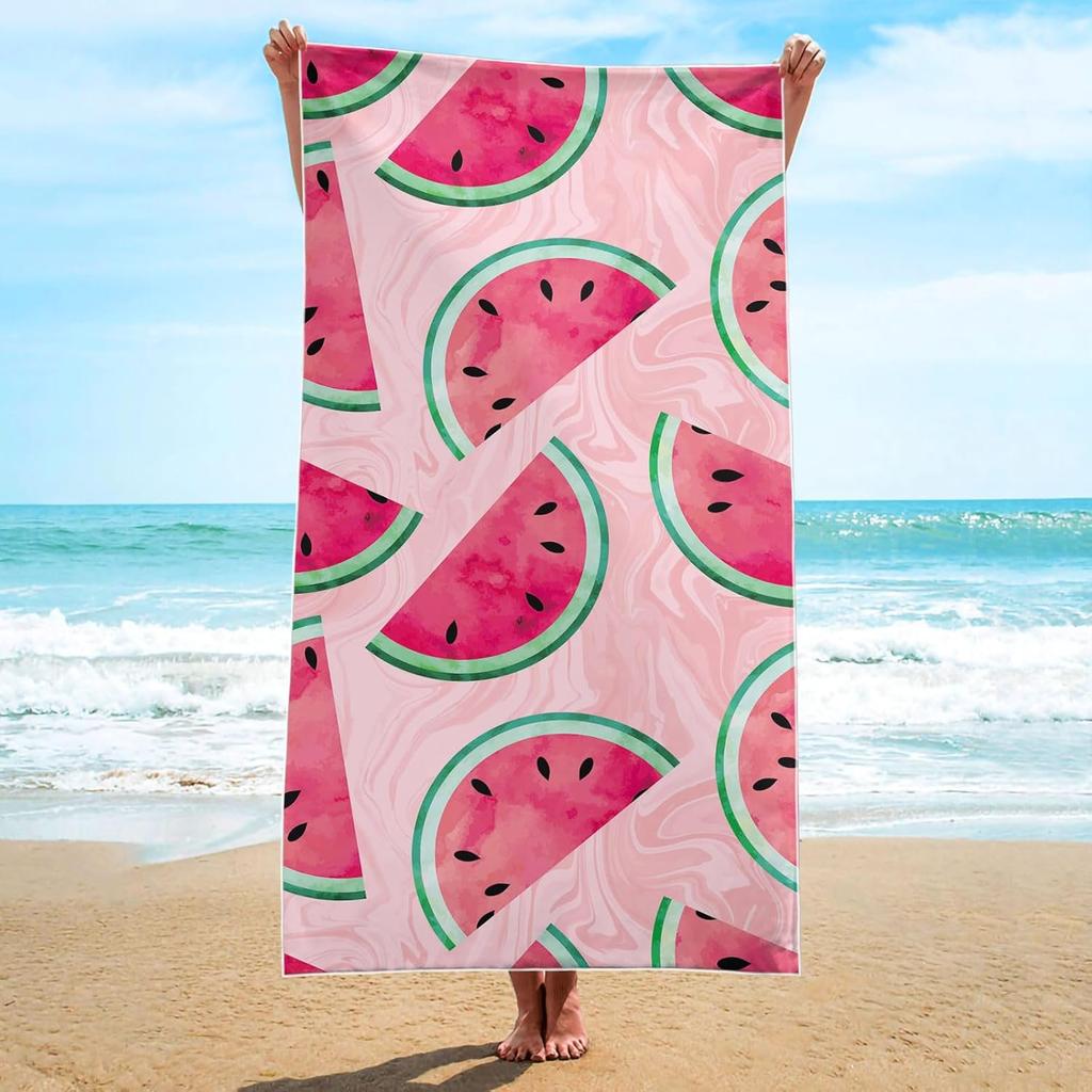 Watercolor Strawberry Print Beach Towel Quick Dry Lightweight Sweet Cute Fruit Print Towel for Summer Vacation Swimming Pool