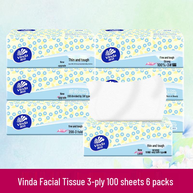 Mouchoirs Faciaux Vinda 3 Plis - 8 Paquets, 100 Essuie-tout Chacun, Abordables pour un Usage Domestique