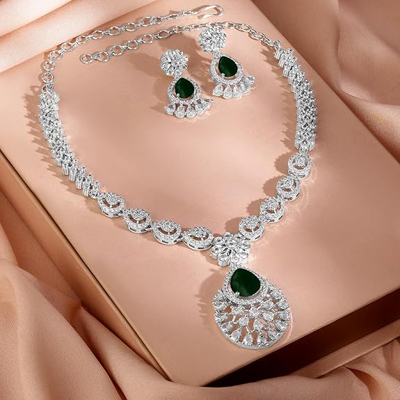 Necklace Set Teardrop American Diamond Zirconia Studded Stylish Jewellery Gift for Women & Girls